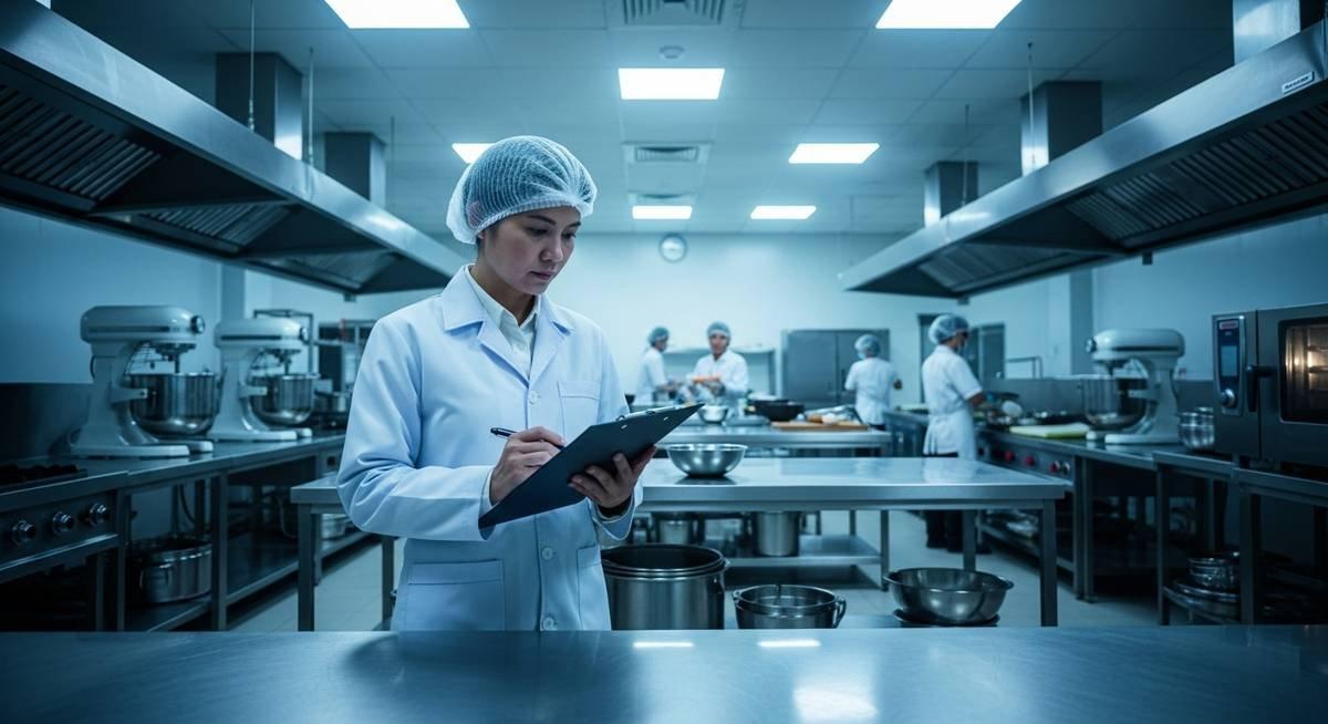 Cập Nhật 2026: Xử Phạt VSTP Suất Ăn Công Nghiệp 1 Chuyên gia thực hiện thanh tra và xử phạt VSTP suất ăn công nghiệp tại một nhà bếp hiện đại.