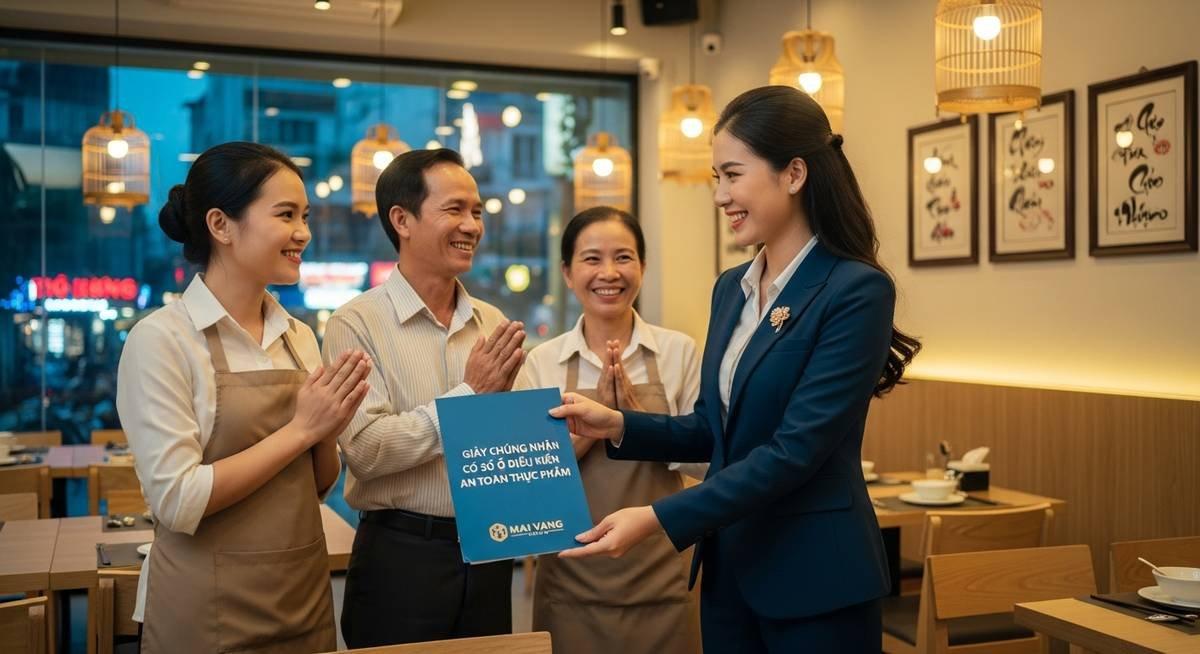 Chuyên viên Công ty Luật Mai Vàng trao Giấy phép an toàn thực phẩm cho chủ quán ăn gia đình tại TP.HCM.