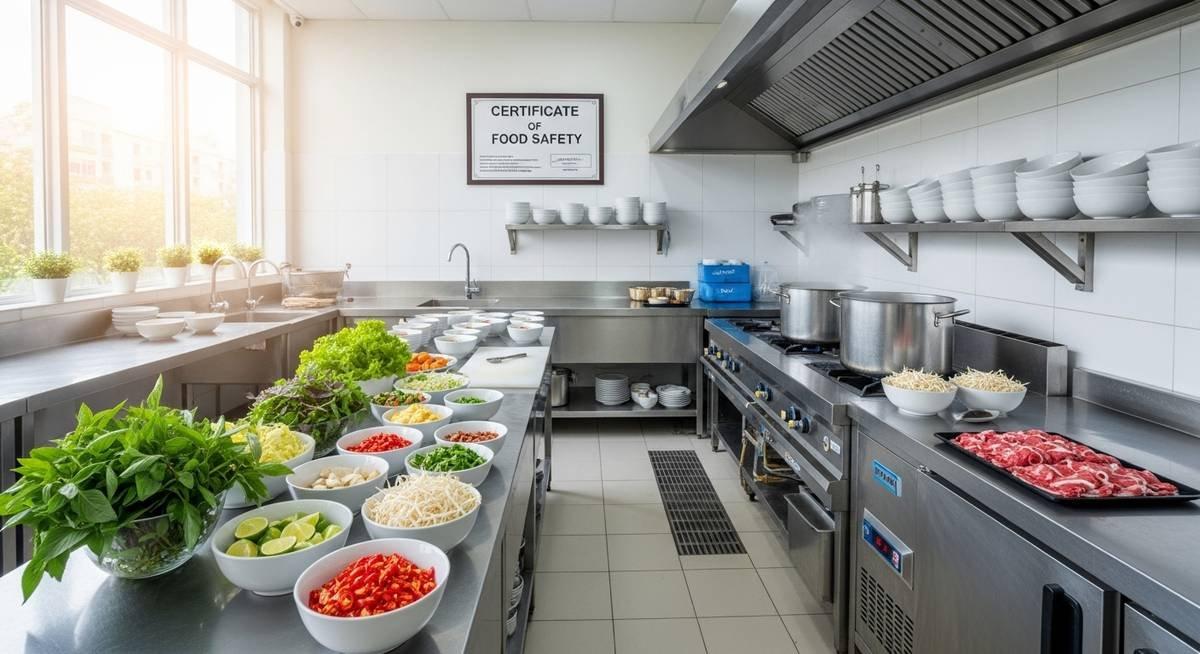 Hướng Dẫn Làm Giấy VSATTP Cho Quán Bún, Phở 2026 | Công ty Luật Mai Vàng 2 Bếp ăn đạt chuẩn sau khi được hỗ trợ làm giấy VSATTP thành công cho quán phở.
