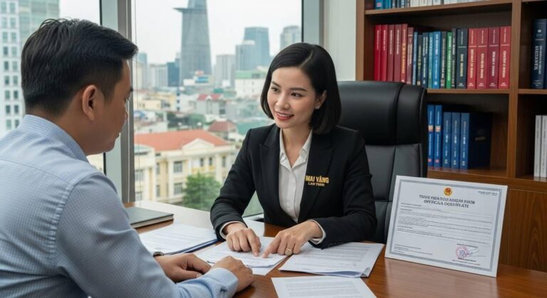 Luật sư Công ty Luật Mai Vàng đang tư vấn về giấy chứng nhận an toàn thực phẩm cho chủ nhà hàng tại văn phòng TP.HCM.