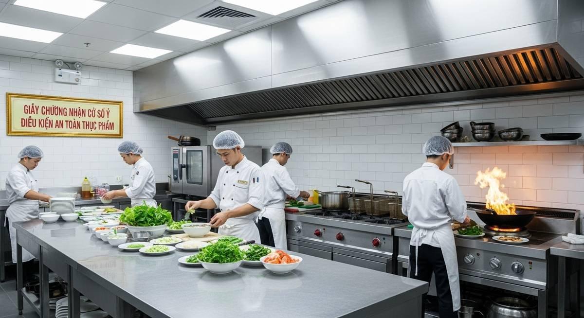 Làm giấy chứng nhận an toàn thực phẩm cho cơ sở kinh doanh ăn uống tại TP.HCM 1 Một nhà bếp đạt chuẩn với giấy chứng nhận an toàn thực phẩm được treo trên tường, thể hiện sự tuân thủ quy định.