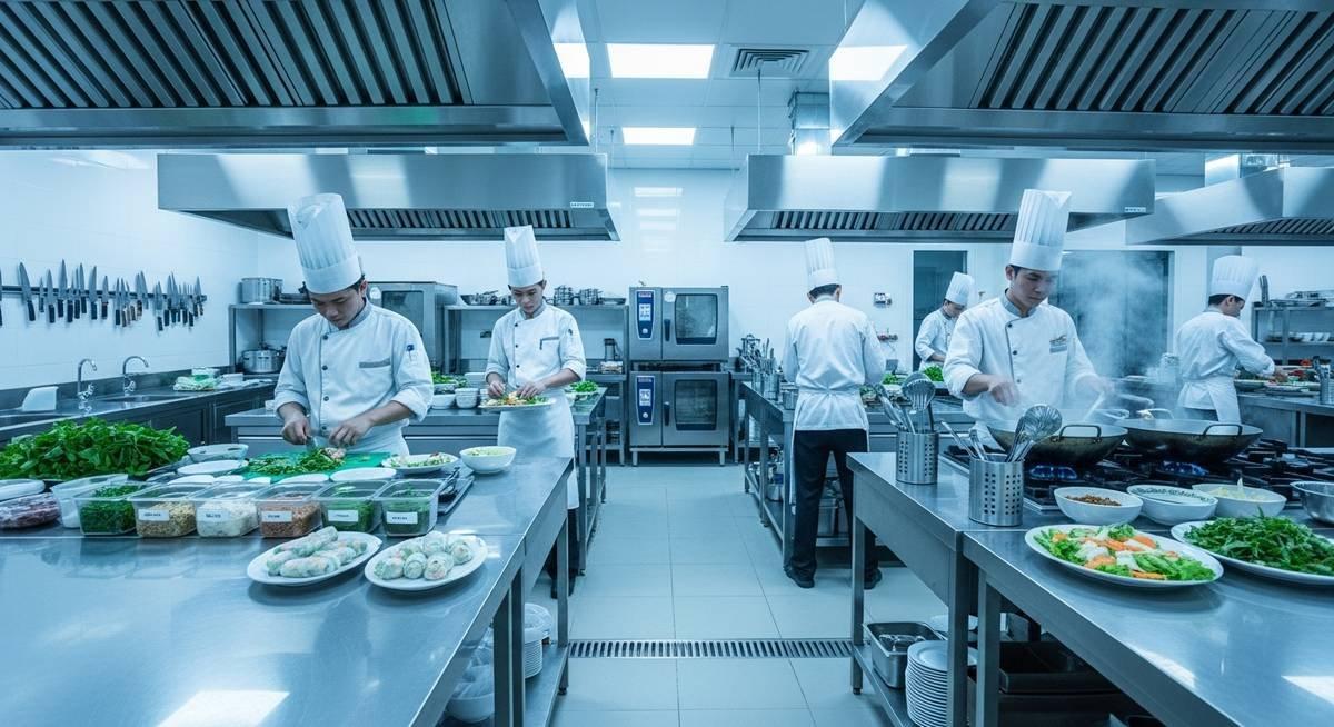 Quy Định Suất Ăn Công Nghiệp 2026: Hướng Dẫn Chi Tiết Từ Công ty Luật Mai Vàng 1 Bếp ăn công nghiệp hiện đại tuân thủ quy định suất ăn công nghiệp về vệ sinh an toàn thực phẩm.