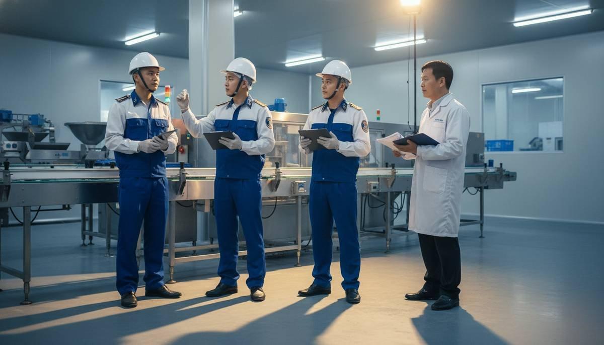 Đoàn thanh tra an toàn thực phẩm đang làm việc chuyên nghiệp tại một doanh nghiệp thực phẩm.