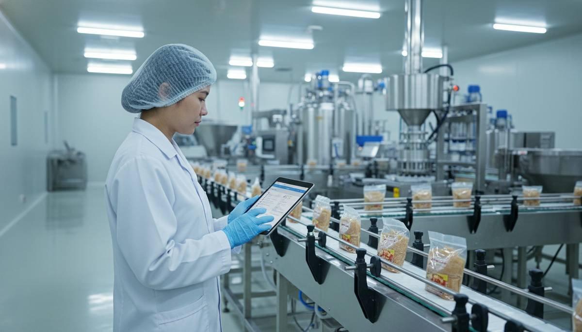 Chuyên gia kiểm tra Tiêu chuẩn An toàn Thực phẩm tại một nhà máy chế biến hiện đại ở Việt Nam.
